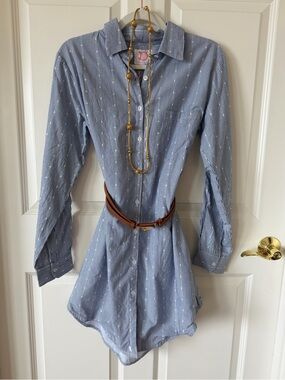 Victoria Dunn Elodie Mini Button-Front Blue Striped Shirt Dress